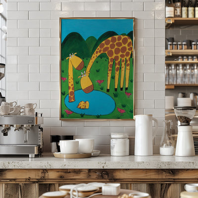 Mommy with Baby Giraffe in a Watering Hole by Artist Carla Daly - Stretched Canvas, Poster or Fine Art Print I Heart Wall Art