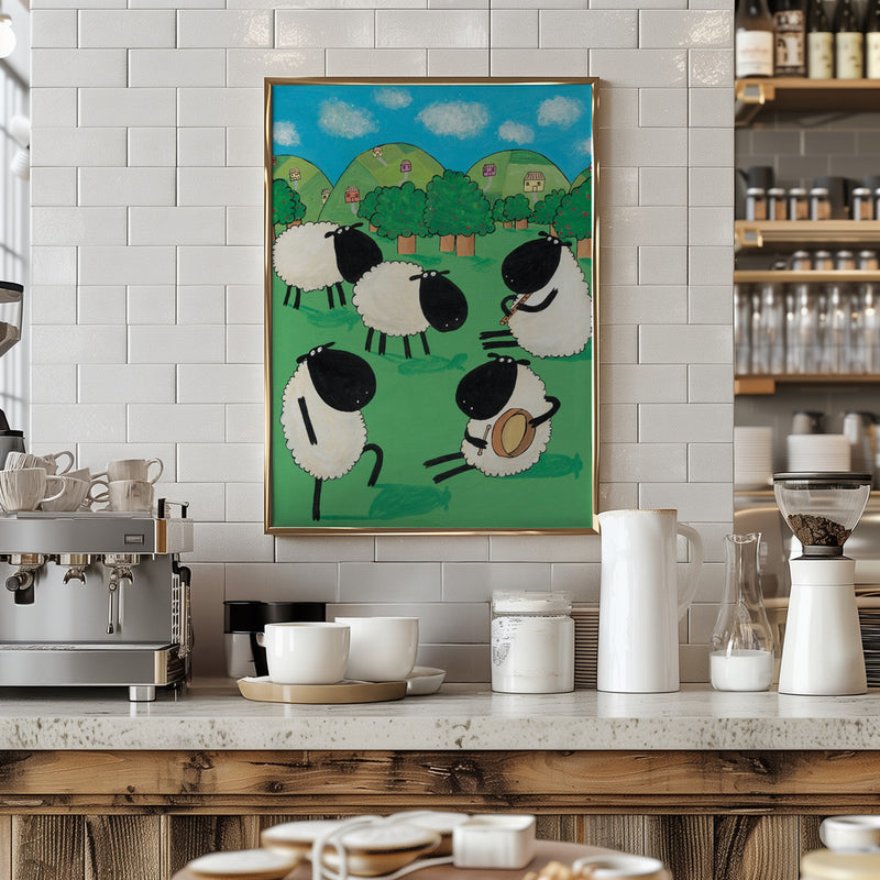 Funny Sheep Dancing in a Green Field by Artist Carla Daly - Stretched Canvas, Poster or Fine Art Print I Heart Wall Art