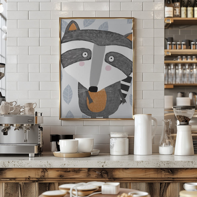 Cute Raccoon with Grey Leaf Pattern by Artist Carla Daly - Stretched Canvas, Poster or Fine Art Print I Heart Wall Art