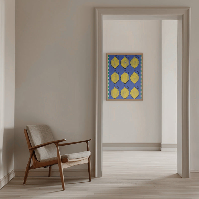 Vibrant Yellow Lemons on a Deep Blue - Stretched Canvas, Poster or Fine Art Print I Heart Wall Art
