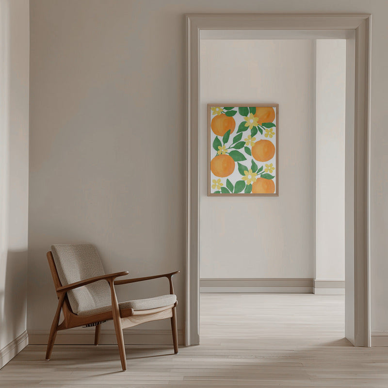 Oranges with Green Leaves and Delicate Yellow Flowers - Stretched Canvas, Poster or Fine Art Print I Heart Wall Art