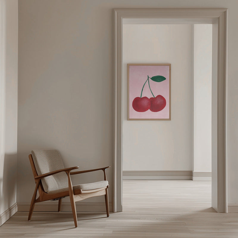 Red Cherries with a Green Leaf - Stretched Canvas, Poster or Fine Art Print I Heart Wall Art