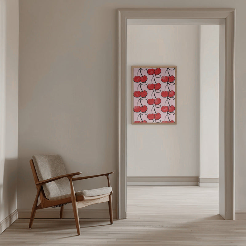 Red Cherries on a Pink - Stretched Canvas, Poster or Fine Art Print I Heart Wall Art
