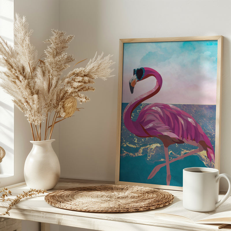 Flamingo goes to the beach - Stretched Canvas, Poster or Fine Art Print I Heart Wall Art