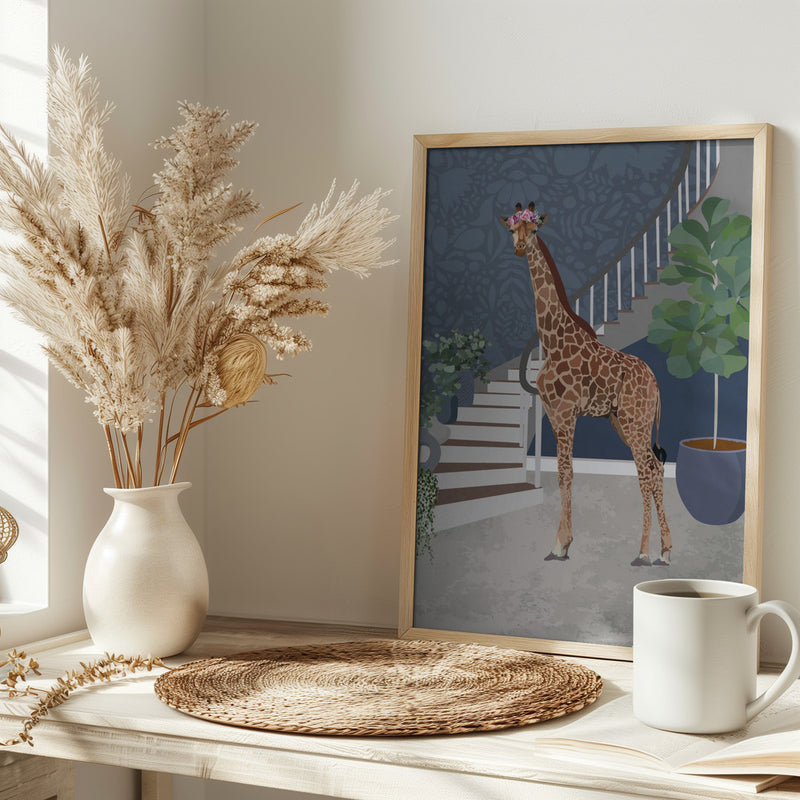 Giraffe by the stairs - Stretched Canvas, Poster or Fine Art Print I Heart Wall Art