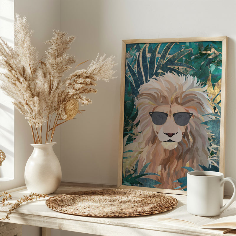 Cool Tropical Lion in Sunglasses - Stretched Canvas, Poster or Fine Art Print I Heart Wall Art