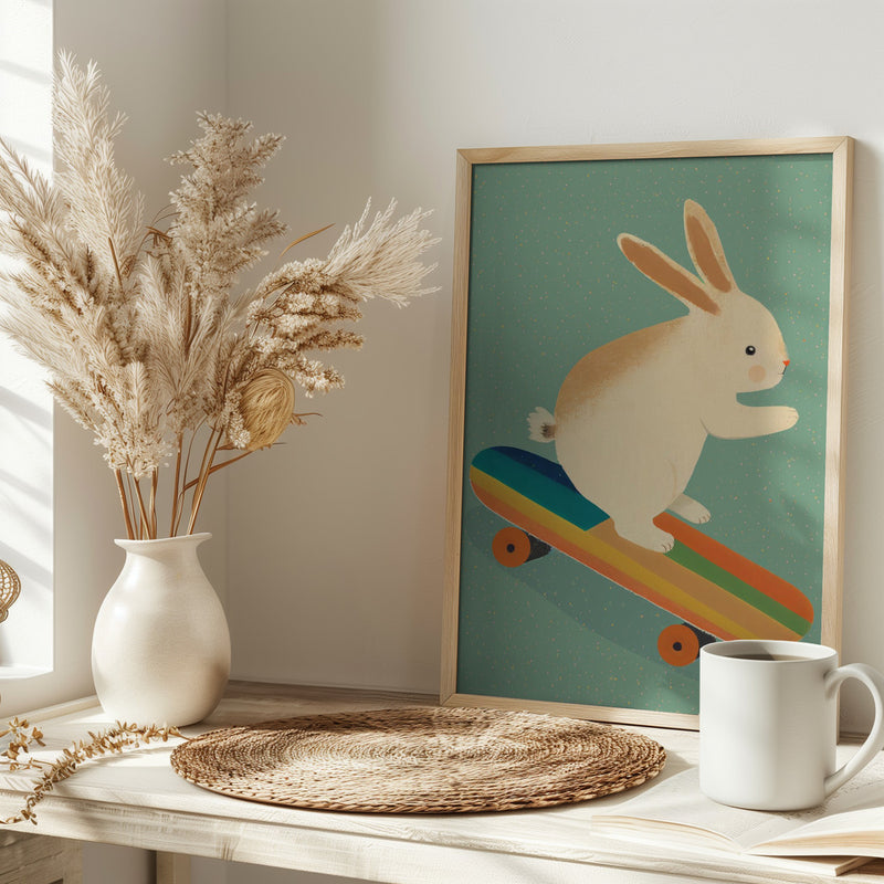 Bunny On Skateboard - Stretched Canvas, Poster or Fine Art Print I Heart Wall Art