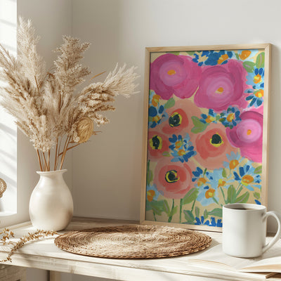 Pink Roses And Coral Anemones - Stretched Canvas, Poster or Fine Art Print I Heart Wall Art