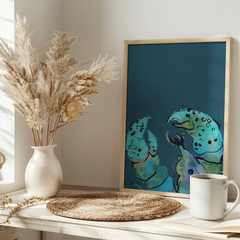 Azure Lobster On Dark Blue - Stretched Canvas, Poster or Fine Art Print I Heart Wall Art