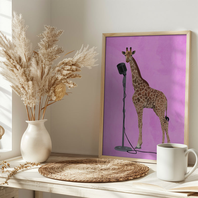 Giraffe Microphone Pink 01 - Stretched Canvas, Poster or Fine Art Print I Heart Wall Art