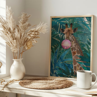 Bubblegum giraffe in the jungle - Stretched Canvas, Poster or Fine Art Print I Heart Wall Art