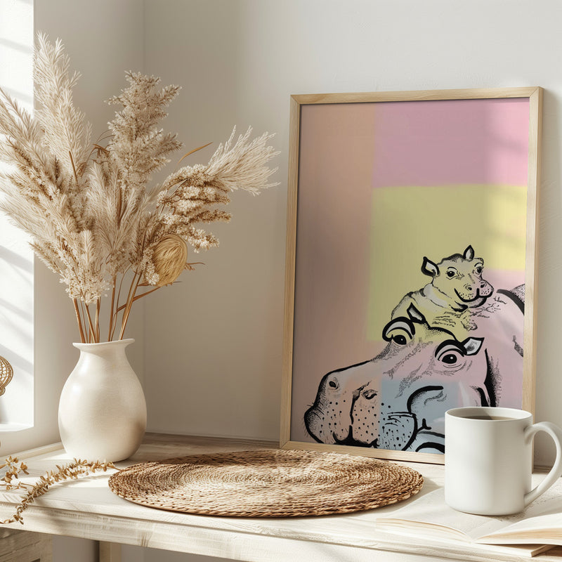 Mama hippo and baby - Stretched Canvas, Poster or Fine Art Print I Heart Wall Art