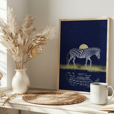 Zebra Waterhole Moonrise - Stretched Canvas, Poster or Fine Art Print I Heart Wall Art