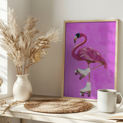 Pink Flamingo Roller Skating - Stretched Canvas, Poster or Fine Art Print I Heart Wall Art