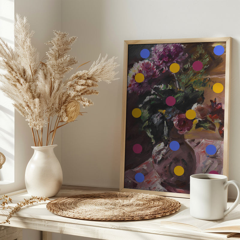 Classic Vase of Flowers And Dots - Stretched Canvas, Poster or Fine Art Print I Heart Wall Art