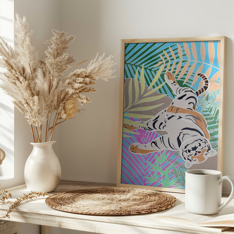 Tiger Sleepling in colourful jungle - Stretched Canvas, Poster or Fine Art Print I Heart Wall Art