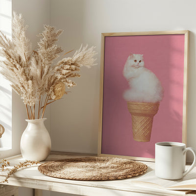 Cat Ice Cream - Pink - Stretched Canvas, Poster or Fine Art Print I Heart Wall Art