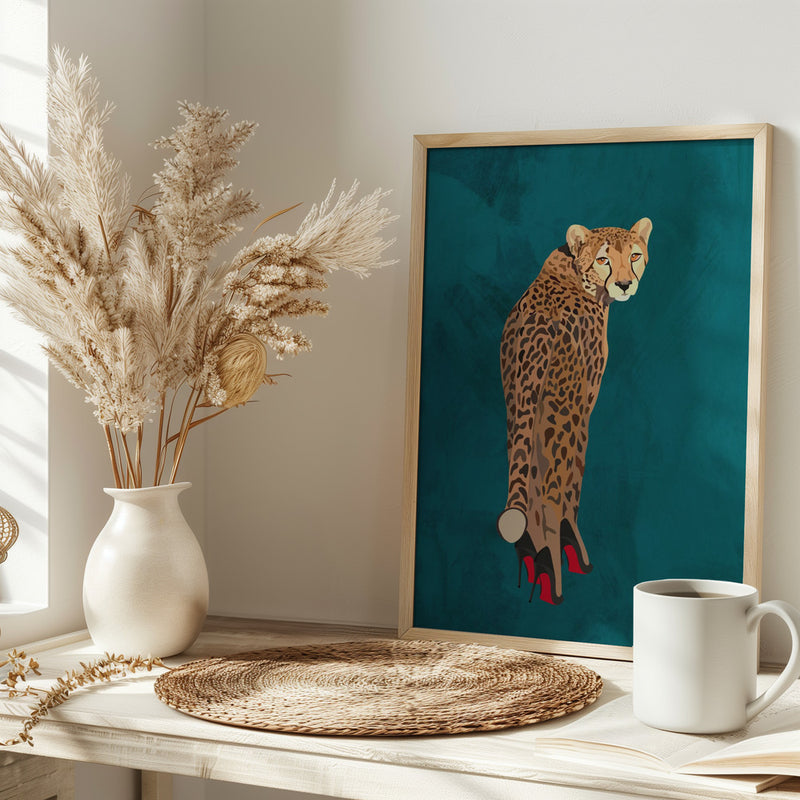 Turquoise cheetah in heels - Stretched Canvas, Poster or Fine Art Print I Heart Wall Art