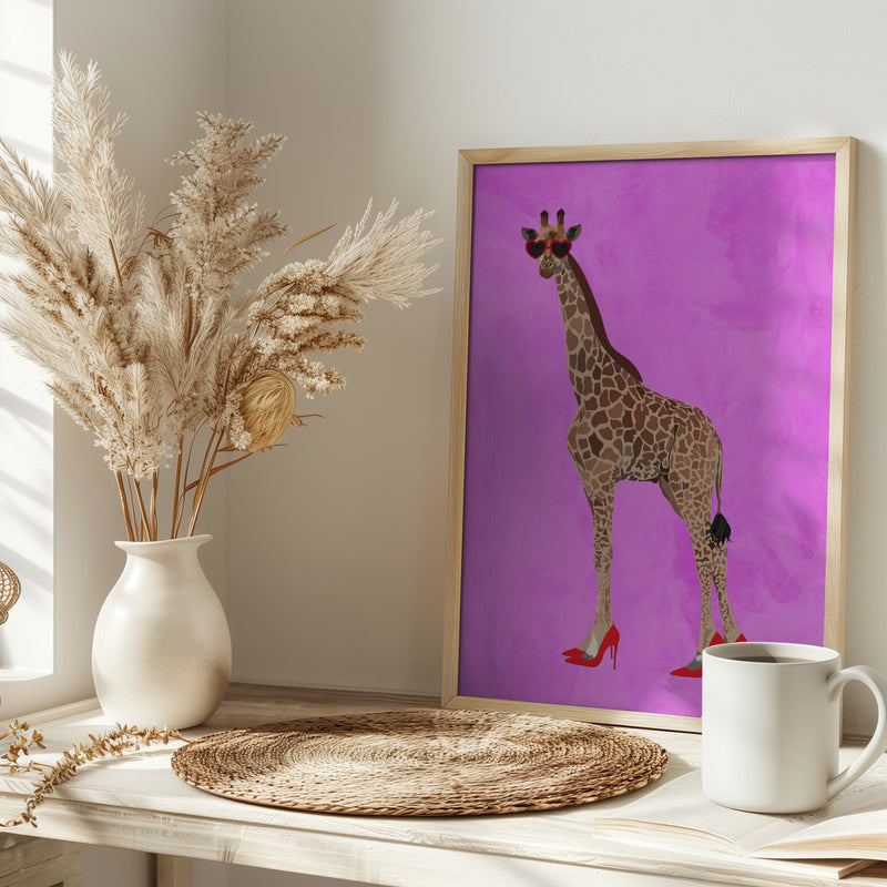 Giraffe wearing heels and heart glasses pink - Stretched Canvas, Poster or Fine Art Print I Heart Wall Art