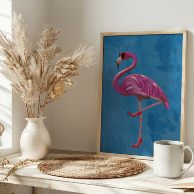 Flamingo in heels and heart glasses blue - Stretched Canvas, Poster or Fine Art Print I Heart Wall Art