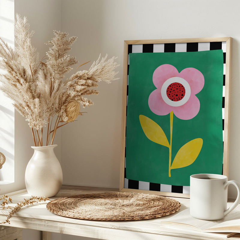 Pink Flower with Yellow Leaves - Stretched Canvas, Poster or Fine Art Print I Heart Wall Art