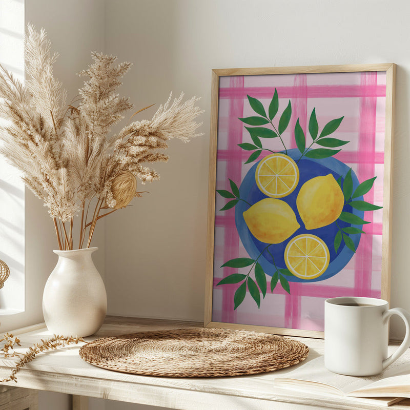Lemons on a Blue Plate - Stretched Canvas, Poster or Fine Art Print I Heart Wall Art