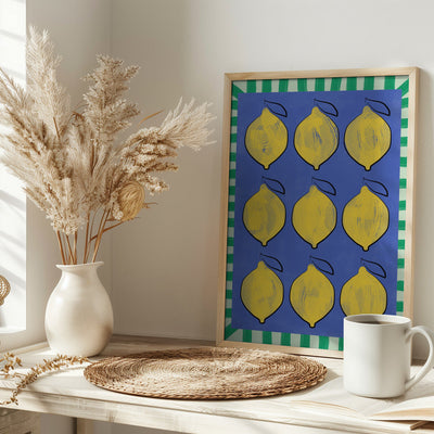 Vibrant Yellow Lemons on a Deep Blue - Stretched Canvas, Poster or Fine Art Print I Heart Wall Art
