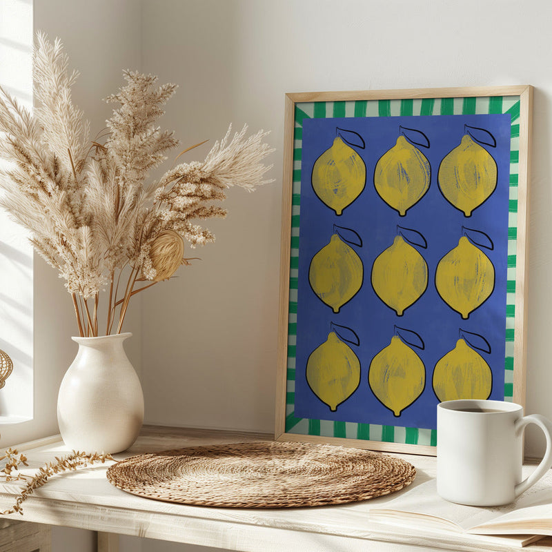 Vibrant Yellow Lemons on a Deep Blue - Stretched Canvas, Poster or Fine Art Print I Heart Wall Art