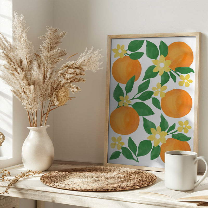 Oranges with Green Leaves and Delicate Yellow Flowers - Stretched Canvas, Poster or Fine Art Print I Heart Wall Art
