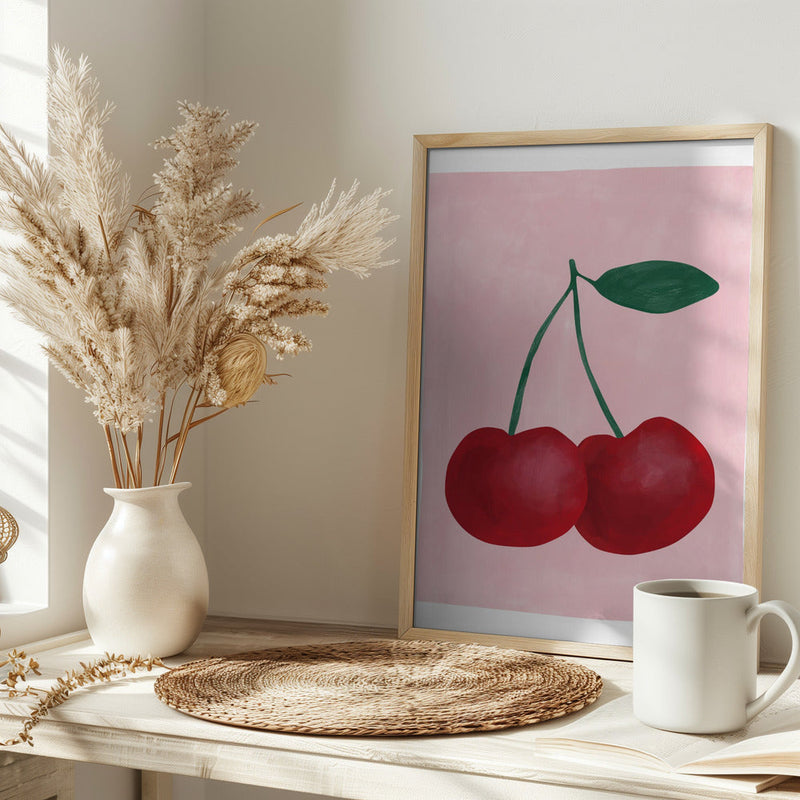Red Cherries with a Green Leaf - Stretched Canvas, Poster or Fine Art Print I Heart Wall Art