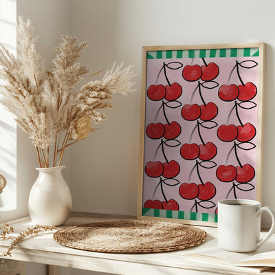 Red Cherries on a Pink - Stretched Canvas, Poster or Fine Art Print I Heart Wall Art