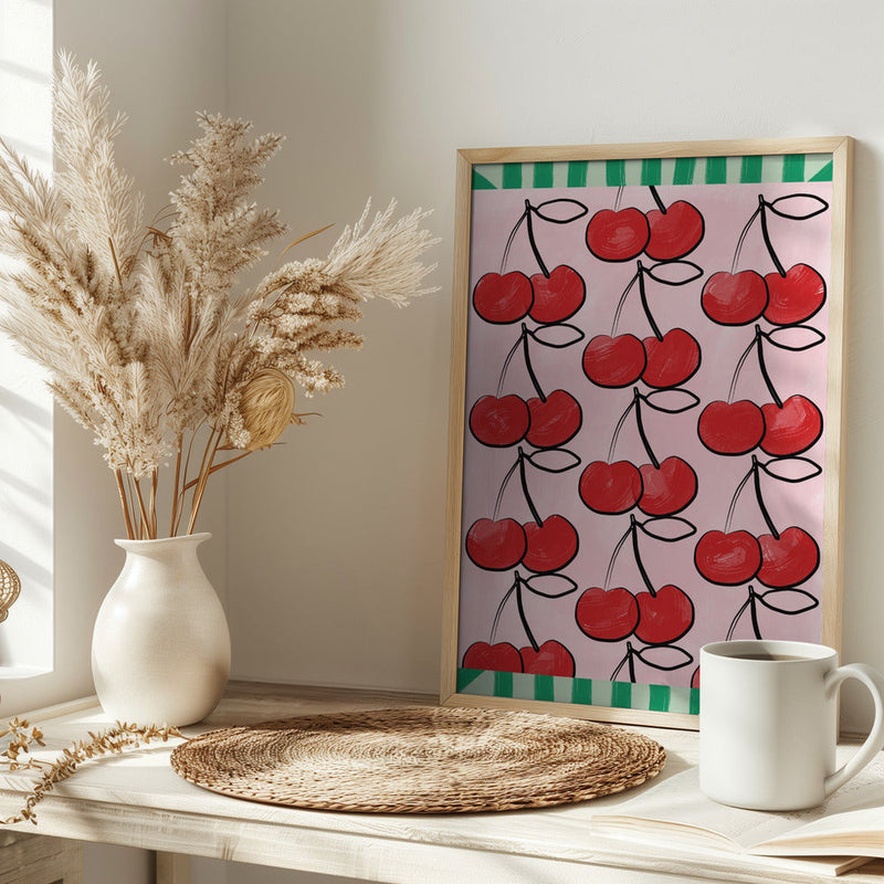 Red Cherries on a Pink - Stretched Canvas, Poster or Fine Art Print I Heart Wall Art
