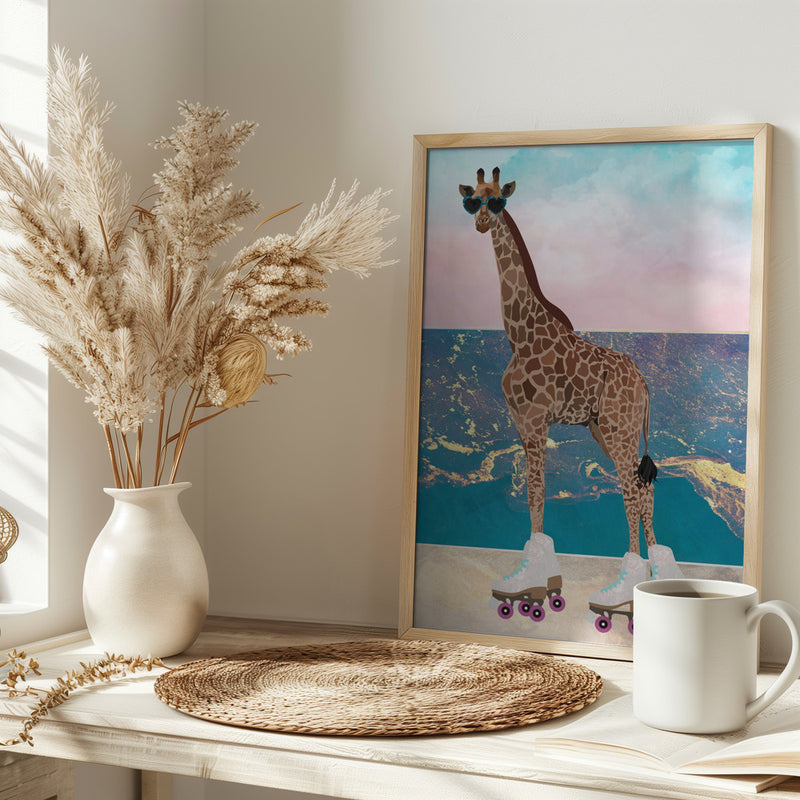 Giraffe On Holiday rollerskating - Stretched Canvas, Poster or Fine Art Print I Heart Wall Art