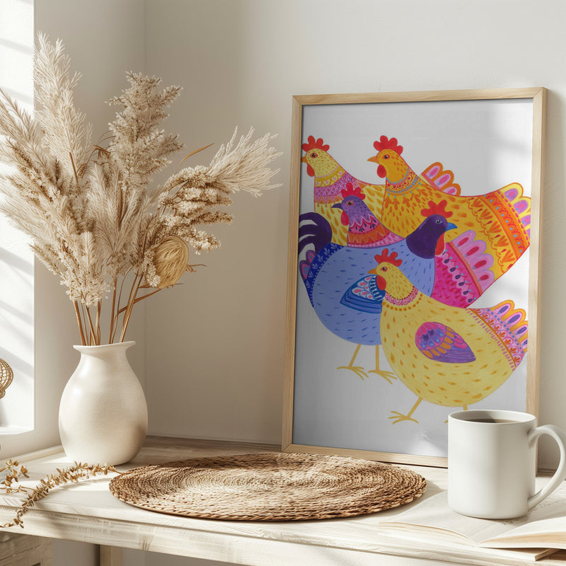 Colour Hens and Cockerel - Stretched Canvas, Poster or Fine Art Print I Heart Wall Art