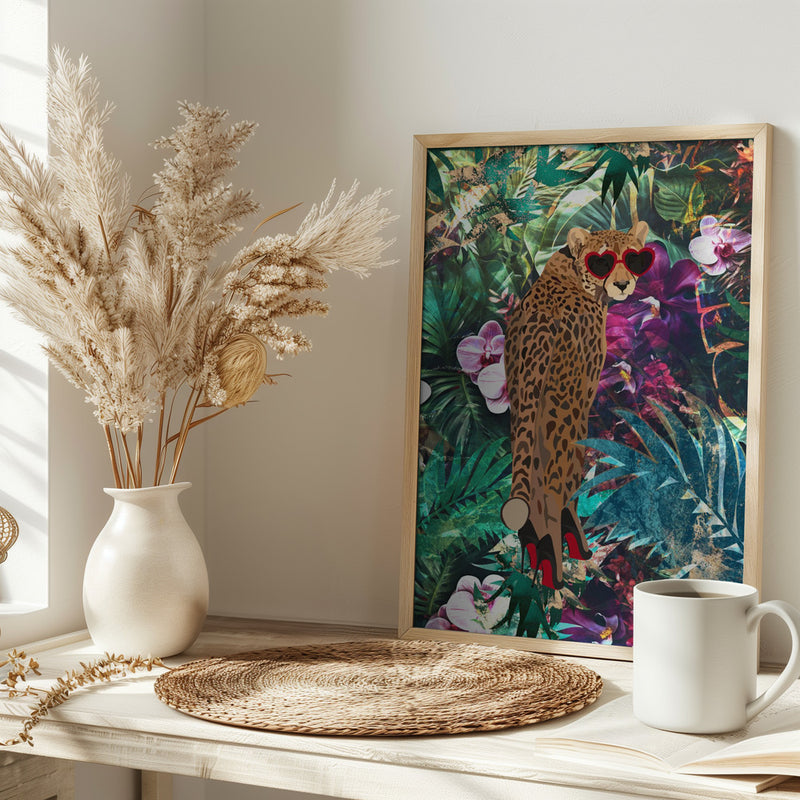 Tropical Floral Jungle - Cheetah in heels 2 - Stretched Canvas, Poster or Fine Art Print I Heart Wall Art