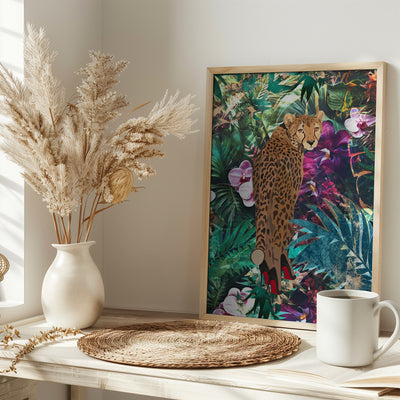 Tropical Floral Jungle - Cheetah in heels - Stretched Canvas, Poster or Fine Art Print I Heart Wall Art