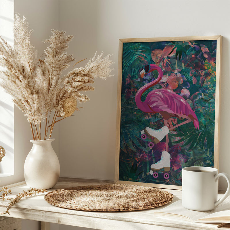 Tropical Floral Jungle - FLamingo rollerskating - Stretched Canvas, Poster or Fine Art Print I Heart Wall Art