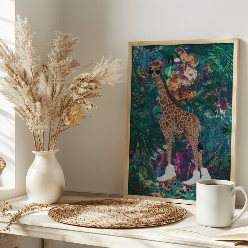 Tropical Floral Jungle - Giraffe rollerskating - Stretched Canvas, Poster or Fine Art Print I Heart Wall Art