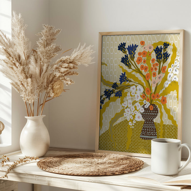 Floral Contemporary Still Life Mustard Yellow - Stretched Canvas, Poster or Fine Art Print I Heart Wall Art