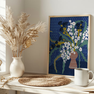 Floral Contemporary Still Life Dark Blue - Stretched Canvas, Poster or Fine Art Print I Heart Wall Art