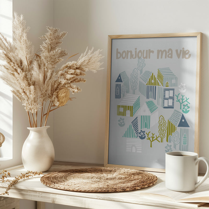 bonjour ma vie; City life collection soft grey - Stretched Canvas, Poster or Fine Art Print I Heart Wall Art