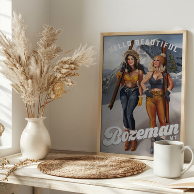 Hello Beautiful Bozeman Montana Ski Pinup Girls - Stretched Canvas, Poster or Fine Art Print I Heart Wall Art