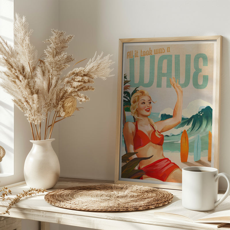 Surfing Pinup Girl On Beach In Bikini - Stretched Canvas, Poster or Fine Art Print I Heart Wall Art