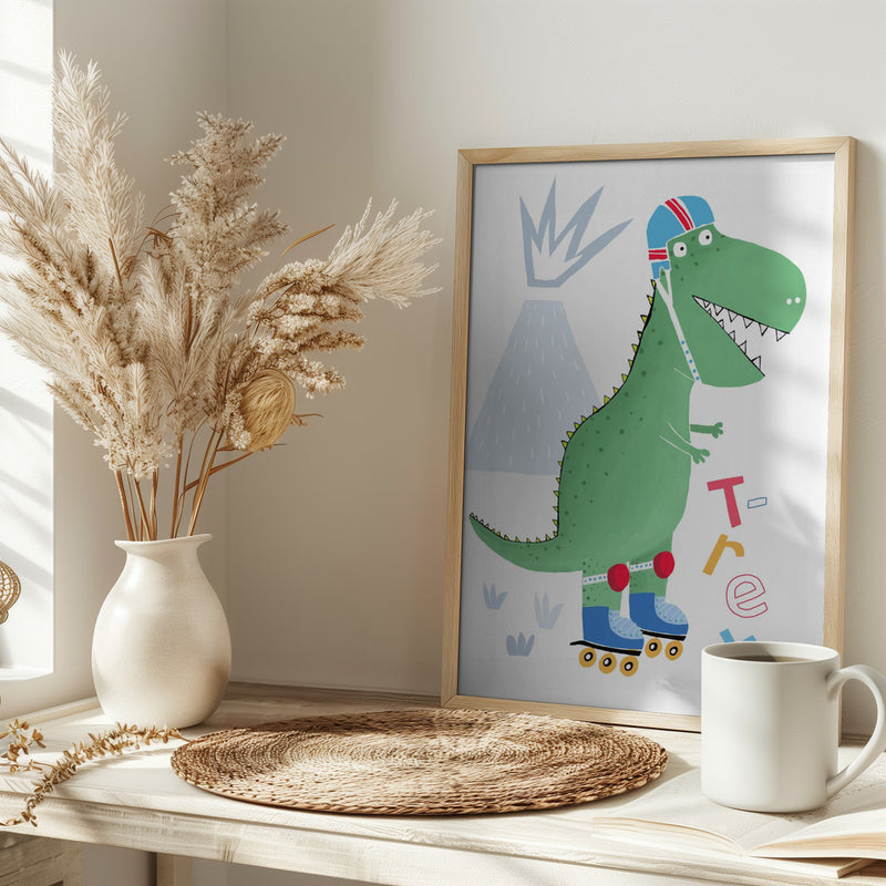 Funny T-Rex on Rollerblades with Volcano by Artist Carla Daly - Stretched Canvas, Poster or Fine Art Print I Heart Wall Art