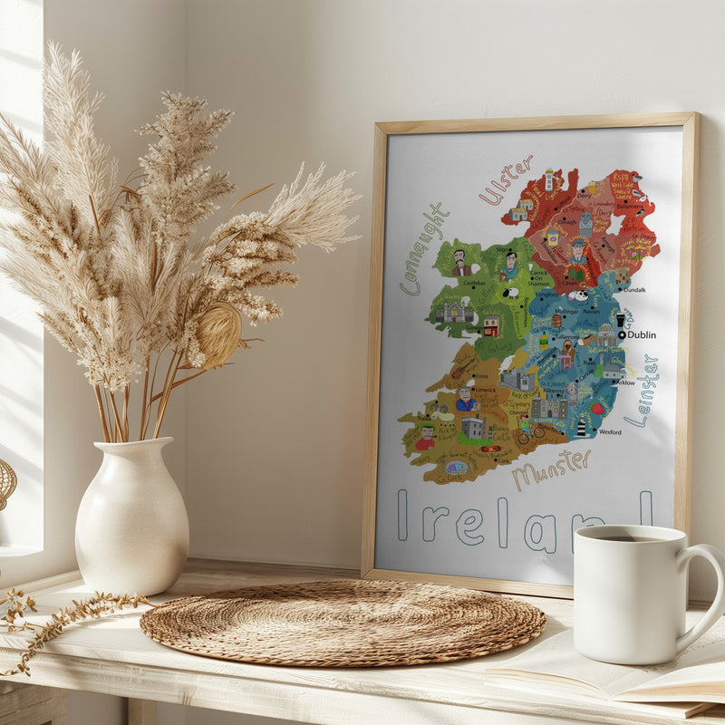 Illustrated Map of Ireland with Country Icons by Carla Daly - Stretched Canvas, Poster or Fine Art Print I Heart Wall Art