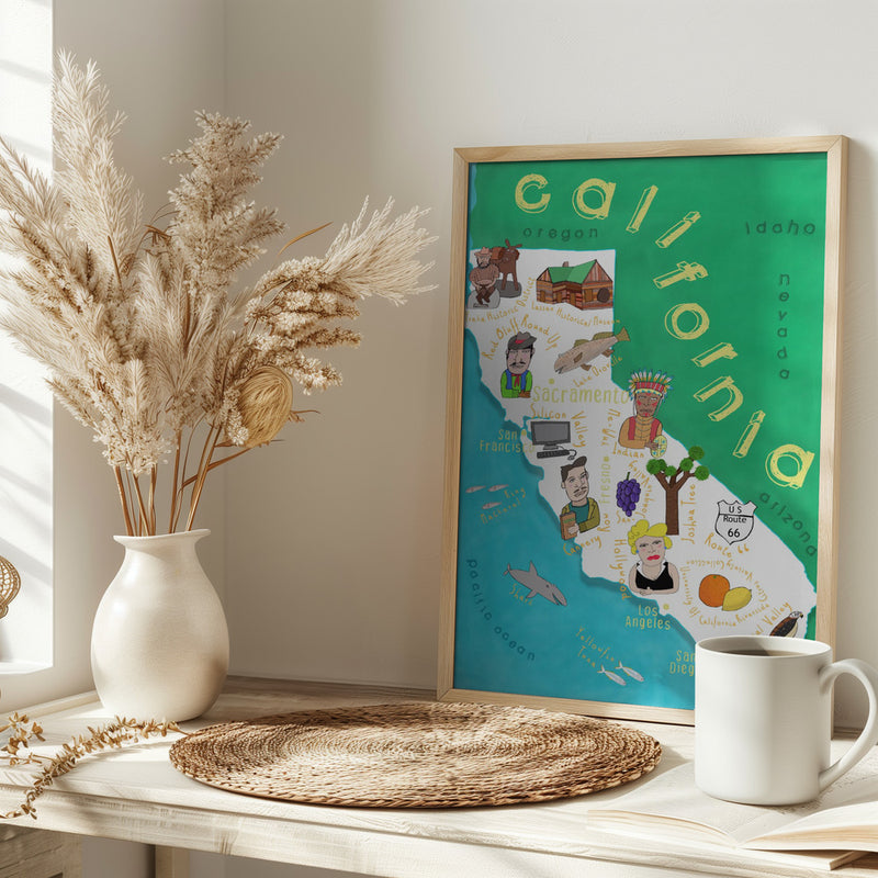 Illustrated Map of California with Ocean by Carla Daly - Stretched Canvas, Poster or Fine Art Print I Heart Wall Art