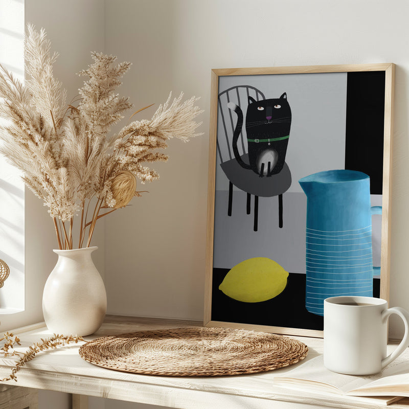 Cute Black Cat sitting on a Chair with Blue Vase and Lemon - Stretched Canvas, Poster or Fine Art Print I Heart Wall Art