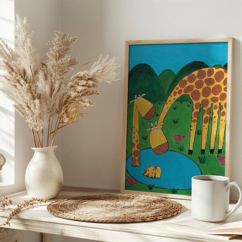 Mommy with Baby Giraffe in a Watering Hole by Artist Carla Daly - Stretched Canvas, Poster or Fine Art Print I Heart Wall Art