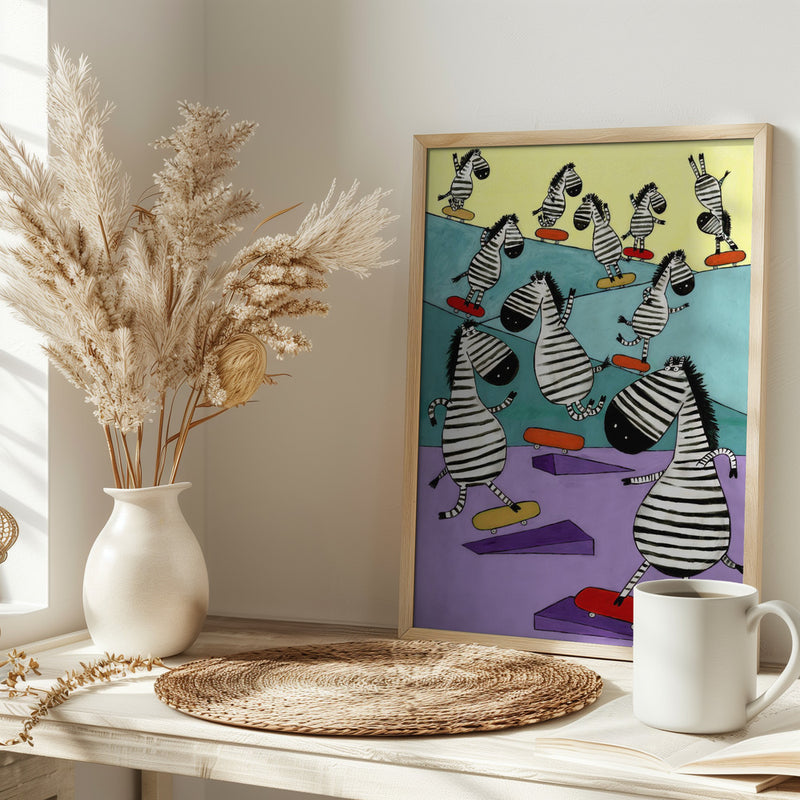 Hilarious Zebras in the Skatepark by Artist Carla Daly - Stretched Canvas, Poster or Fine Art Print I Heart Wall Art