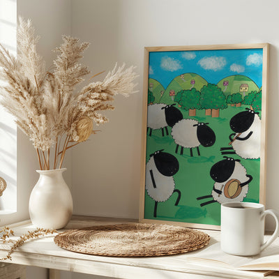 Funny Sheep Dancing in a Green Field by Artist Carla Daly - Stretched Canvas, Poster or Fine Art Print I Heart Wall Art